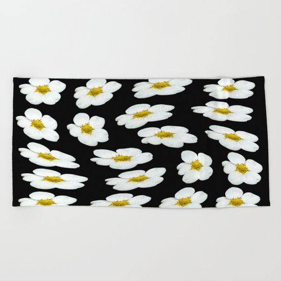 White flowers on a black background #Society6 #buyart Beach Towel