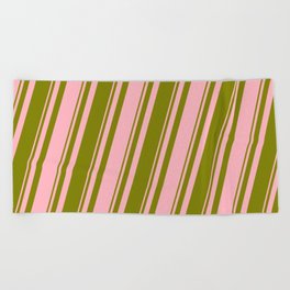 [ Thumbnail: Green and Light Pink Colored Striped Pattern Beach Towel ]