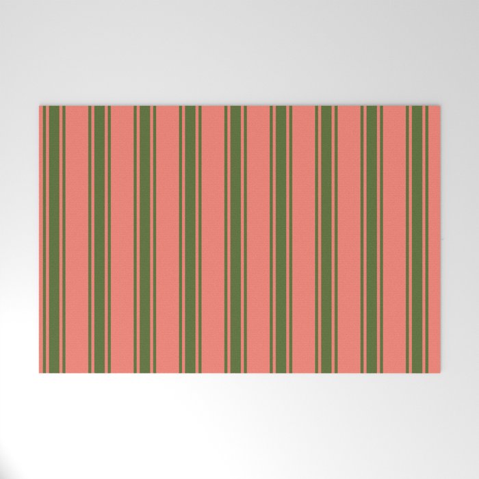 Salmon & Dark Olive Green Colored Stripes Pattern Welcome Mat