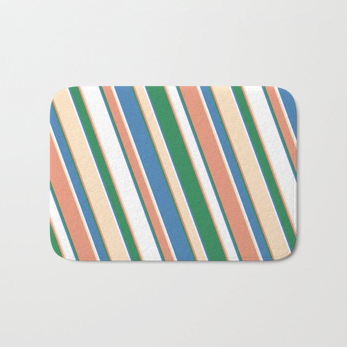 Eye-catching Dark Salmon, Sea Green, Blue, White, and Bisque Colored Stripes Pattern Bath Mat