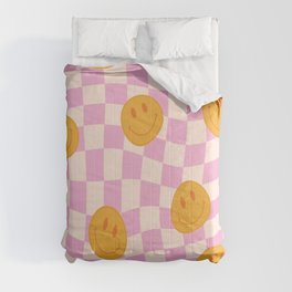 Groovy Smiley Faces on Pastel Pink Twisted Checkerboard Comforter