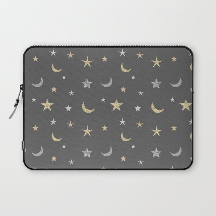 Gold and silver moon and star pattern on grey background Laptop Sleeve