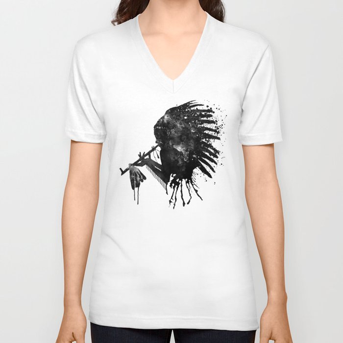 Indian with Headdress Black and White Silhouette V Neck T Shirt