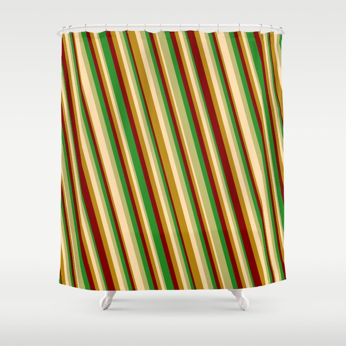 Eye-catching Forest Green, Dark Khaki, Tan, Dark Goldenrod & Maroon Colored Stripes Pattern Shower Curtain