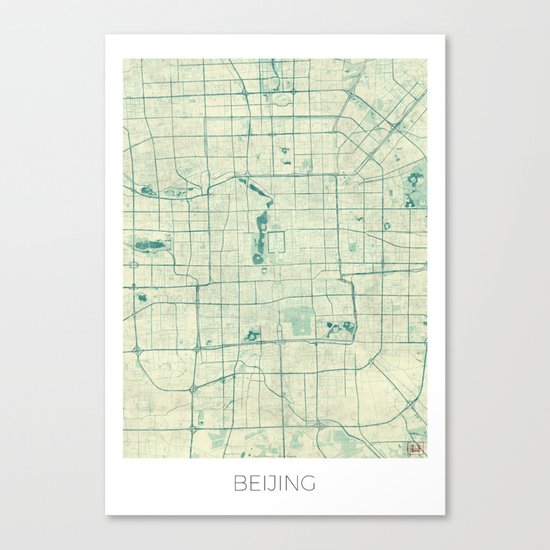 Beijing Map Blue Vintage Canvas Print