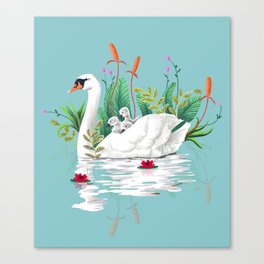 Bond, Jungle Animals, Swan Family Nature Pond Illustration, Bohemian Ducks Love Colorful Botanical Canvas Print