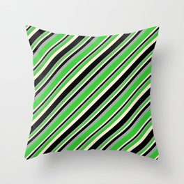 [ Thumbnail: Dark Grey, Lime Green, Light Yellow, and Black Colored Pattern of Stripes Throw Pillow ]