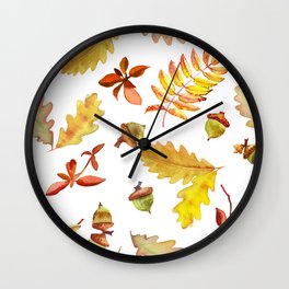 Watercolor pattern foliage oak leaves and acorn. Wall Clock