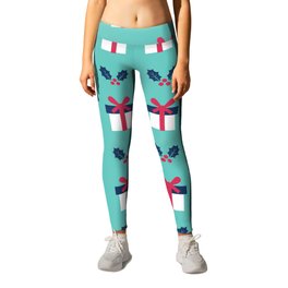 Christmas Pattern Turquoise Gifts Holly Leggings