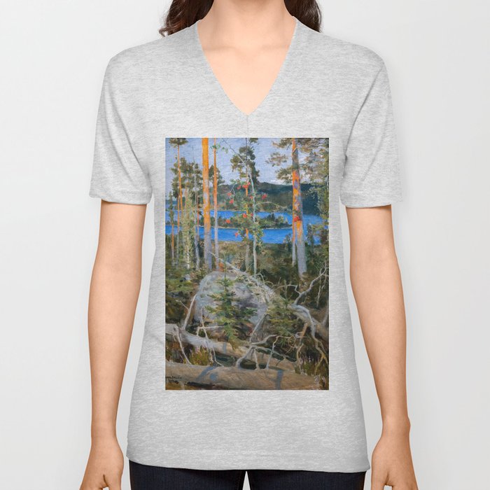 Akseli Gallen-Kallela - Lake in the Wilderness V Neck T Shirt