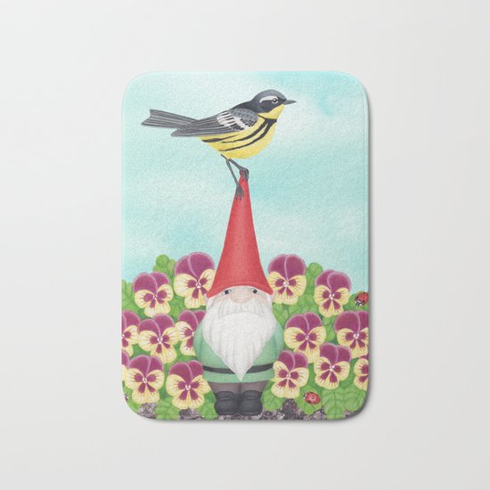 gnome with magnolia warbler and pansies Bath Mat