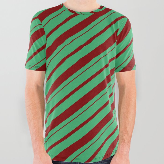 Sea Green & Maroon Colored Lines Pattern All Over Graphic Tee