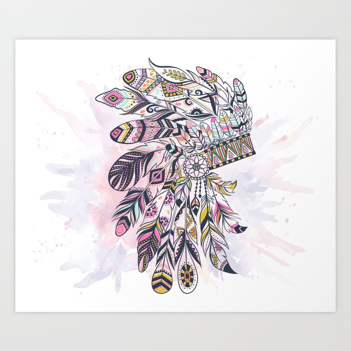 Native American Headdress Boho Style Illustration Art Print By Linarunkova Society6,Draw Anime Girl
