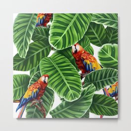 tropical leaves macaw pattern Metal Print