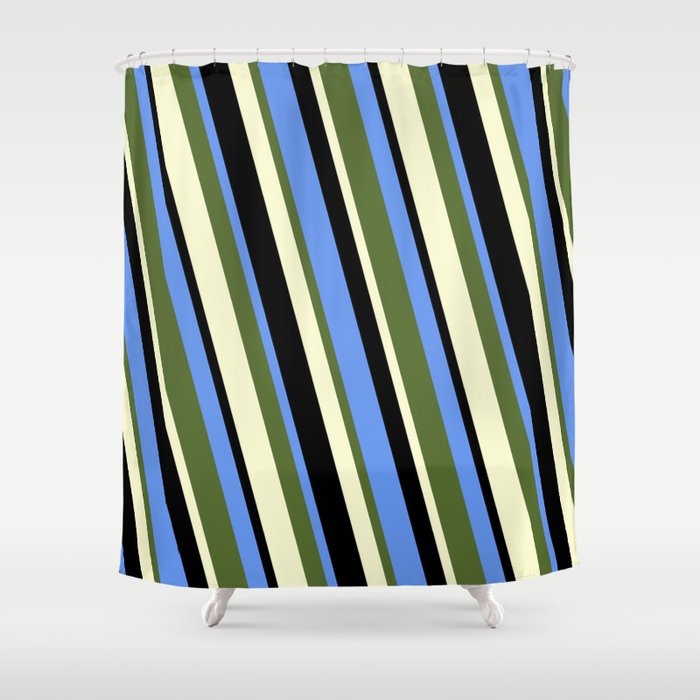 Cornflower Blue, Dark Olive Green, Light Yellow, and Black Colored Lines/Stripes Pattern Shower Curtain