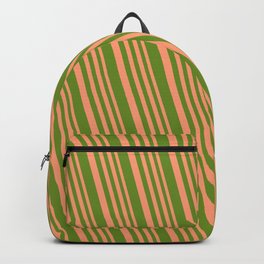 [ Thumbnail: Light Salmon & Green Colored Lined Pattern Backpack ]
