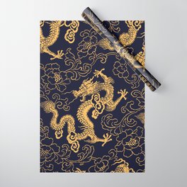 Chinese traditional golden dragon and peony hand drawn illustration pattern Wrapping Paper
