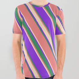 [ Thumbnail: Purple, Sea Green, Light Coral, and Bisque Colored Lined/Striped Pattern All Over Graphic Tee ]