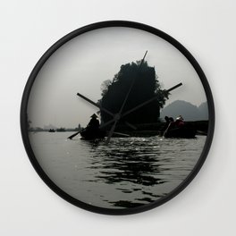Silhouette Rowing Boats River Mountains, Tam Coc, Vietnam Wall Clock