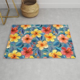 Colorful Watercolor Hibiscus on Grey Blue Area & Throw Rug