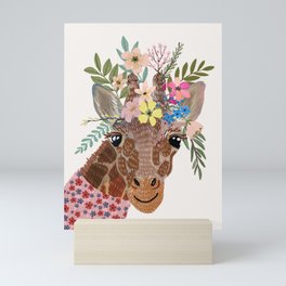 Giraffe with flowers on head Mini Art Print