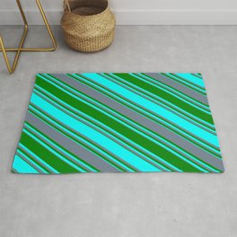 [ Thumbnail: Slate Gray, Green & Cyan Colored Stripes/Lines Pattern Rug ]