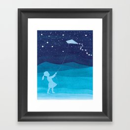 Girl with a kite, blue kids watercolor Framed Art Print