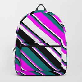 [ Thumbnail: Teal, Fuchsia, White, and Black Colored Lined/Striped Pattern Backpack ]