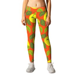 Retro Modern Yellow Tropical Yuzu Fruit On Red Leggings