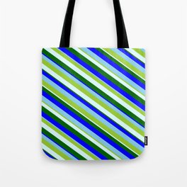 [ Thumbnail: Eye-catching Green, Light Cyan, Dark Green, Blue & Sky Blue Colored Lines/Stripes Pattern Tote Bag ]