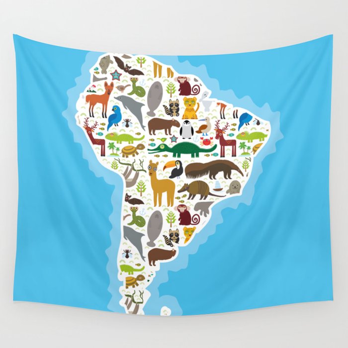 South America Sloth Anteater Toucan Lama Bat Seal Armadillo Boa South America Sloth Anteater Toucan Lama Bat Seal Armadillo Boa Manatee Monkey Dolphin Maned Wolf Wall Tapestry