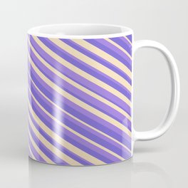 [ Thumbnail: Purple, Slate Blue, and Tan Colored Striped Pattern Coffee Mug ]