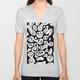 Black and White Dripping Smiley V Neck T Shirt