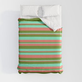 [ Thumbnail: Salmon, Green & Aquamarine Colored Stripes/Lines Pattern Duvet Cover ]