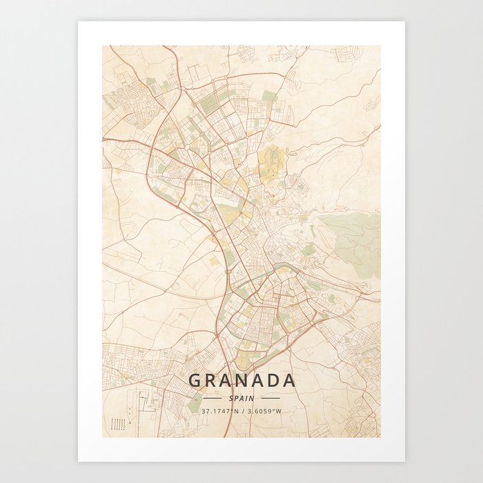 Granada, Spain - Vintage Map Art Print