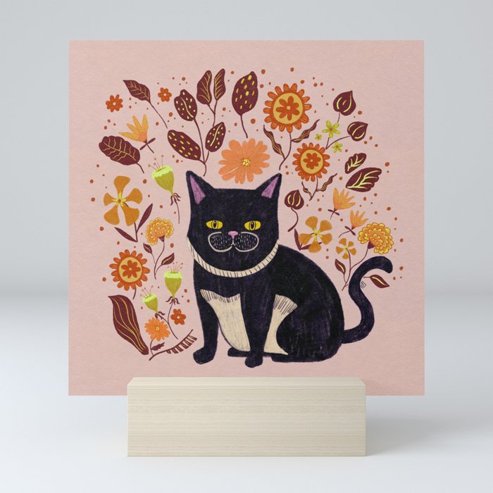 Whimsical Black Cat in Autumn Blooms Mini Art Print
