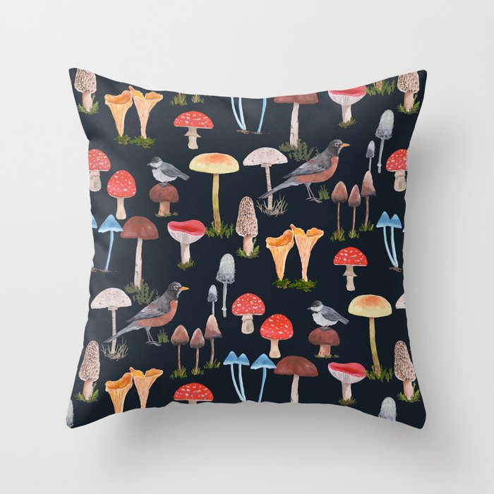 Birds and Mushrooms Throw Pillow