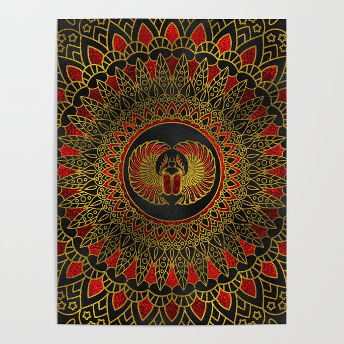 Egyptian Scarab Beetle - Gold and red  metallic Poster