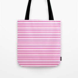 [ Thumbnail: Hot Pink and White Colored Lined/Striped Pattern Tote Bag ]