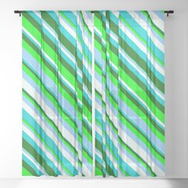 [ Thumbnail: Lime, Light Sky Blue, Mint Cream, Dark Turquoise & Dark Green Colored Lines/Stripes Pattern Sheer Curtain ]