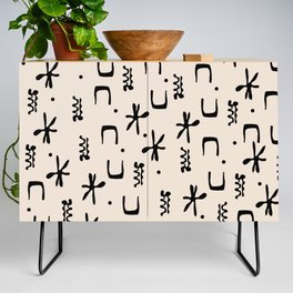 Organic Hieroglyph Abstract Pattern in Black and Almond Cream Credenza