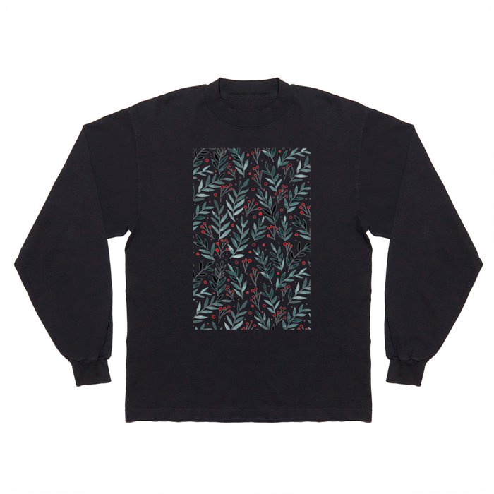 Festive watercolor branches - teal and red Long Sleeve T Shirt