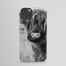 Highland Cow Landscape, Black and White iPhone Case