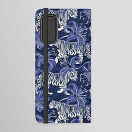 Tigers in a tiger lily garden // textured navy blue background light grey wild animals very peri flowers Android Wallet Case