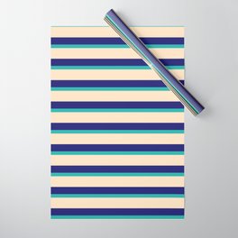 [ Thumbnail: Light Sea Green, Bisque, and Midnight Blue Colored Striped Pattern Wrapping Paper ]