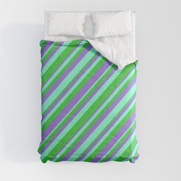 [ Thumbnail: Aquamarine, Lime Green, and Purple Colored Striped/Lined Pattern Comforter ]