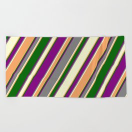[ Thumbnail: Colorful Purple, Grey, Light Yellow, Brown & Dark Green Colored Pattern of Stripes Beach Towel ]