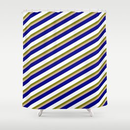 [ Thumbnail: Green, Tan, Dark Blue, and White Colored Stripes/Lines Pattern Shower Curtain ]