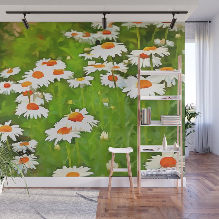 Artistic Bright and Colorful White Garden Daisies v3 Wall Mural