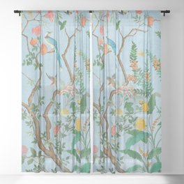Chinoiserie Pastel Blue Floral Bird Garden Sheer Curtain